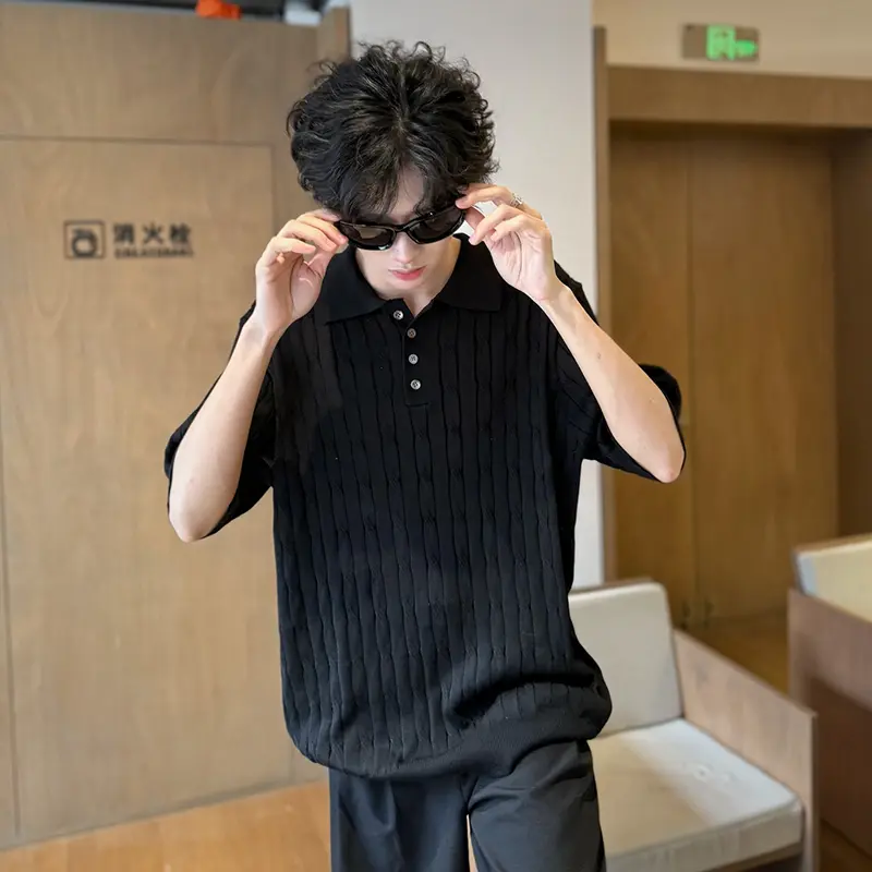 IEFB Men's Knitted Short Sleeve T-shirts Twisted Flower Solid Color Round Neck Solid Color Simple Male Summer Clothing 9W2177