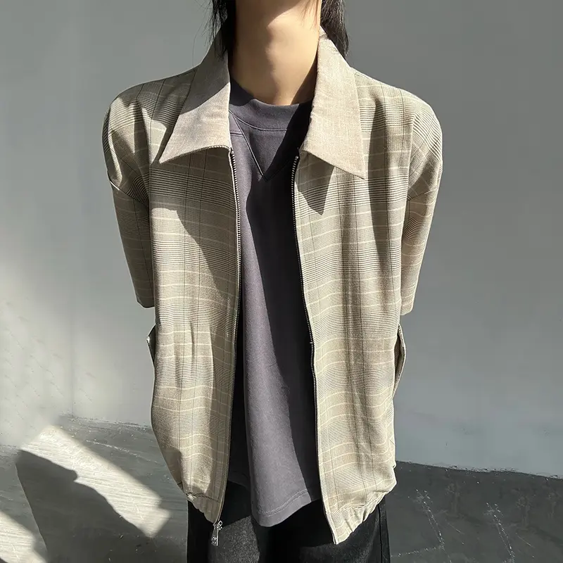 IEFB Plaid Design Men's Jackets Turn-down Collar Zipper Contrast Color Casual Short Sleeved Loose Male Coats New Summer 9W2937
