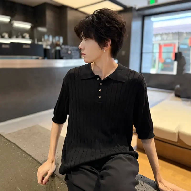 IEFB Men's Knitted Short Sleeve T-shirts Twisted Flower Solid Color Round Neck Solid Color Simple Male Summer Clothing 9W2177
