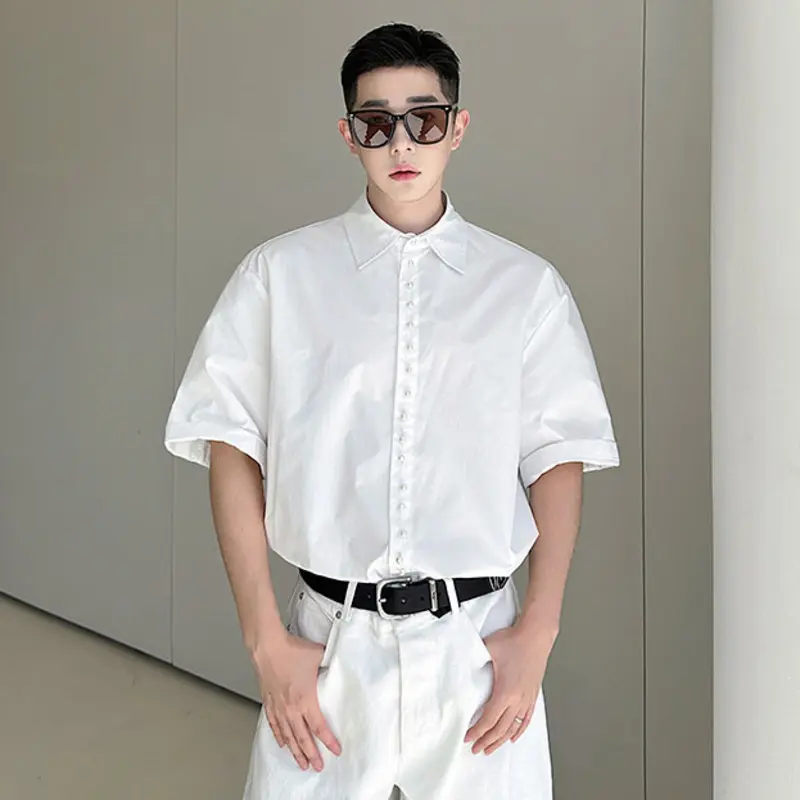 IEFB Pearl Decoration Men's Shirt Turn-down Collar Short Sleeved Solid Color Casual Single Breasted Loose Male Tops Trend 9W2684