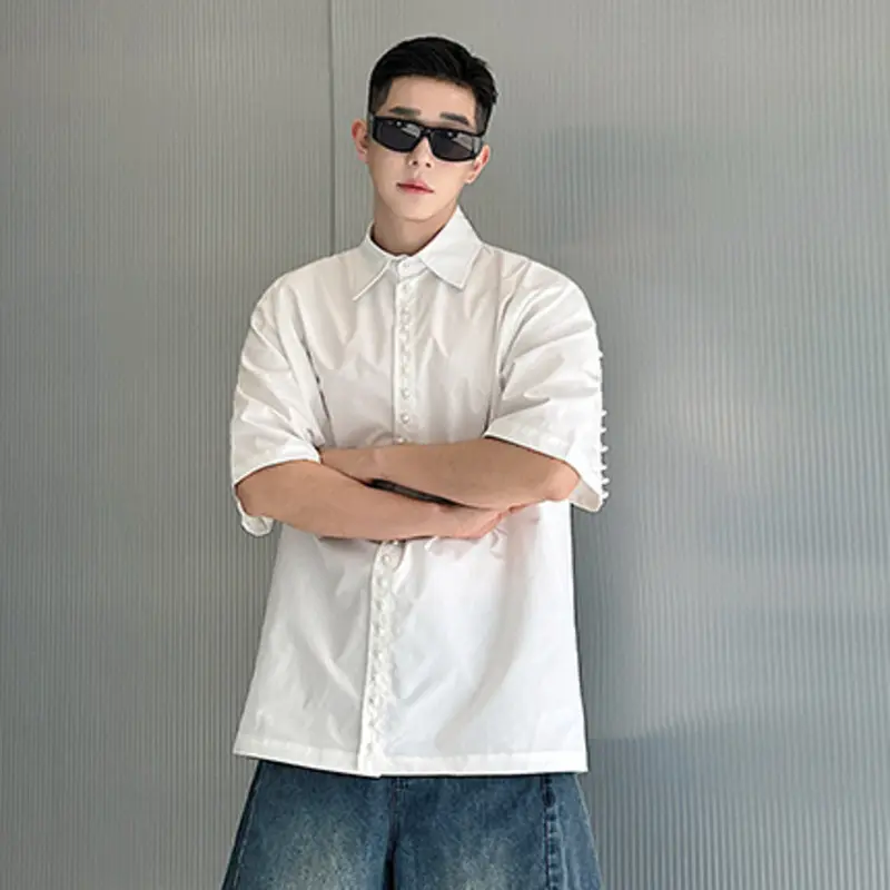 IEFB Pearl Decoration Men's Shirt Turn-down Collar Short Sleeved Solid Color Casual Single Breasted Loose Male Tops Trend 9W2684