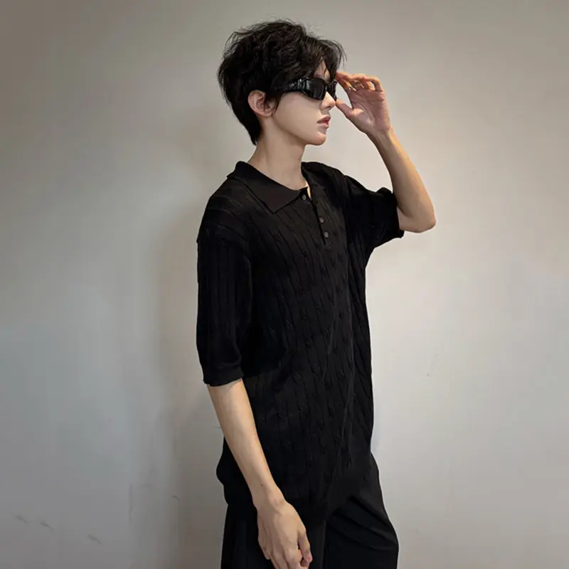 IEFB Men's Knitted Short Sleeve T-shirts Twisted Flower Solid Color Round Neck Solid Color Simple Male Summer Clothing 9W2177