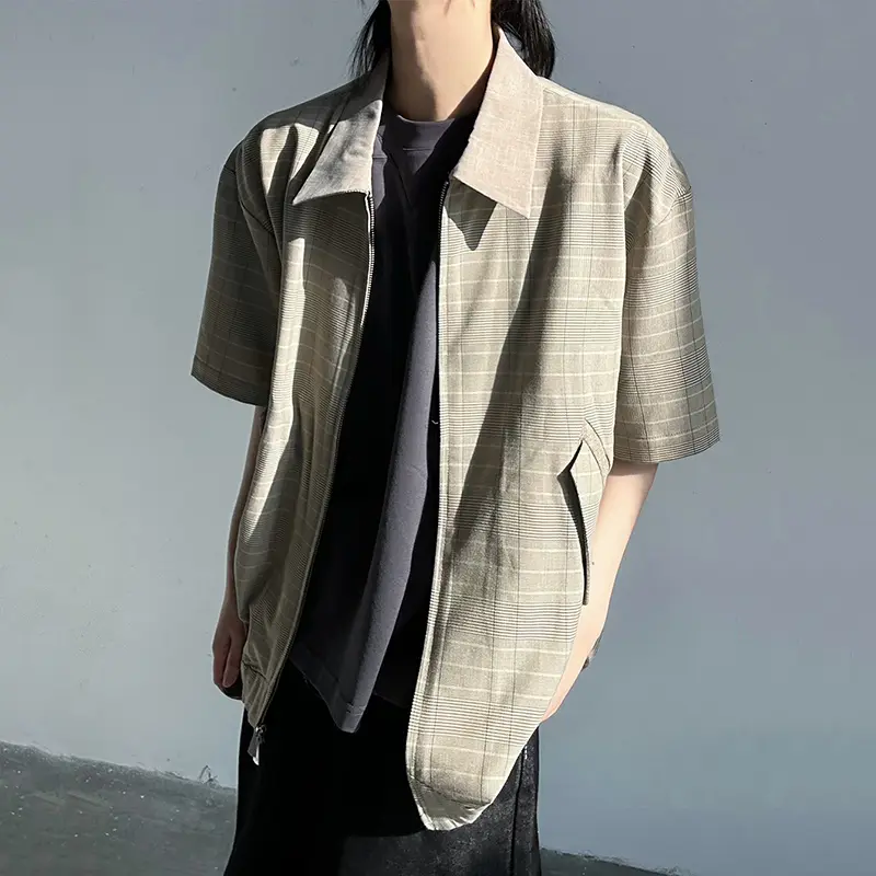 IEFB Plaid Design Men's Jackets Turn-down Collar Zipper Contrast Color Casual Short Sleeved Loose Male Coats New Summer 9W2937