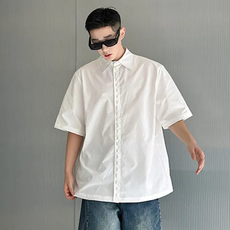 IEFB Pearl Decoration Men's Shirt Turn-down Collar Short Sleeved Solid Color Casual Single Breasted Loose Male Tops Trend 9W2684