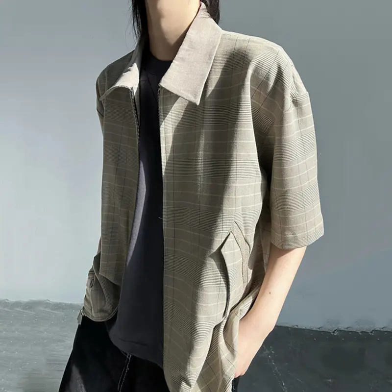IEFB Plaid Design Men's Jackets Turn-down Collar Zipper Contrast Color Casual Short Sleeved Loose Male Coats New Summer 9W2937