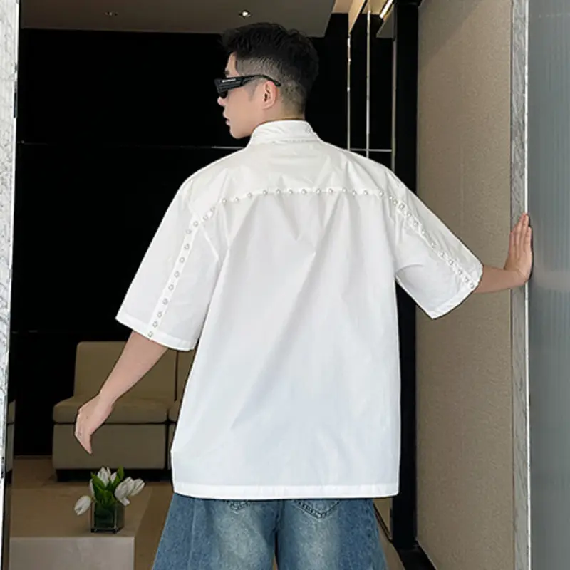 IEFB Pearl Decoration Men's Shirt Turn-down Collar Short Sleeved Solid Color Casual Single Breasted Loose Male Tops Trend 9W2684