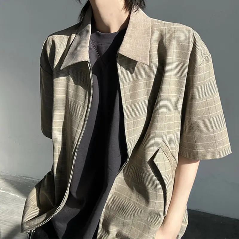 IEFB Plaid Design Men's Jackets Turn-down Collar Zipper Contrast Color Casual Short Sleeved Loose Male Coats New Summer 9W2937