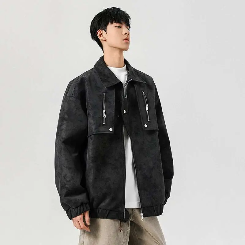 IEFB  Men's Jacket New American Design PU Leather Turn-down Collar Mulit Zippers Trendy Male Clothing Spring 2025 9W1392