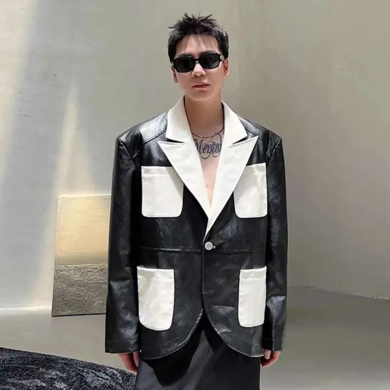 IEFB Patchwork Men's Jacket New Spring Design PU Leather Stylish Jacket Contrast Color Multi Pockets Male Clothing 9W1519