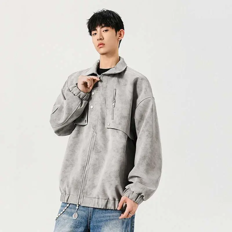 IEFB  Men's Jacket New American Design PU Leather Turn-down Collar Mulit Zippers Trendy Male Clothing Spring 2025 9W1392