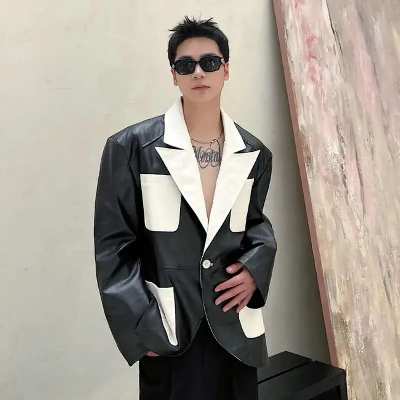 IEFB Patchwork Men's Jacket New Spring Design PU Leather Stylish Jacket Contrast Color Multi Pockets Male Clothing 9W1519