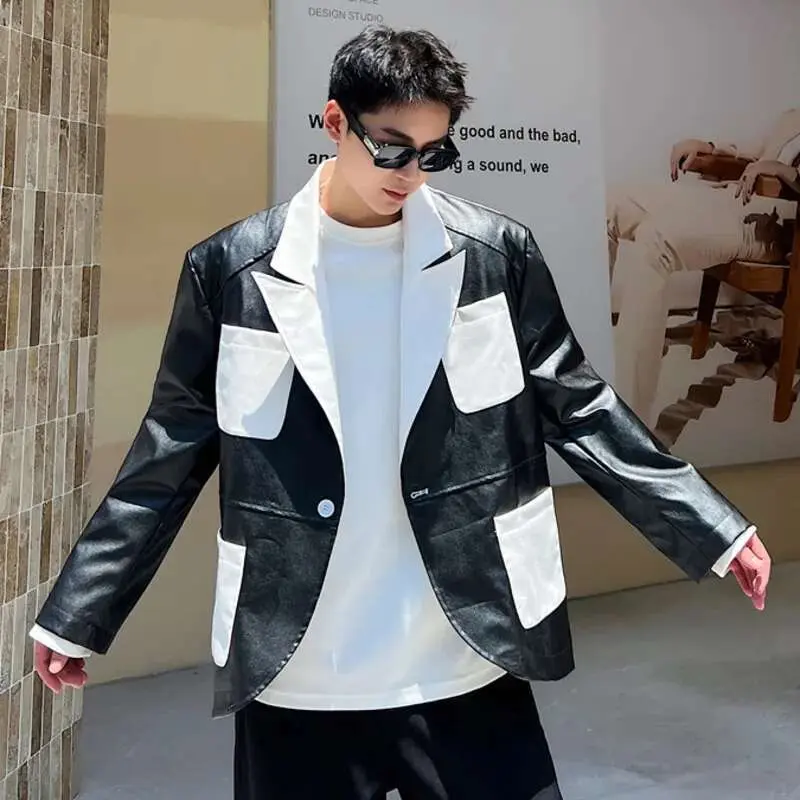 IEFB Patchwork Men's Jacket New Spring Design PU Leather Stylish Jacket Contrast Color Multi Pockets Male Clothing 9W1519