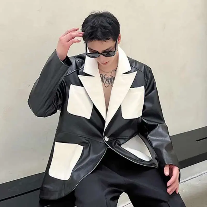 IEFB Patchwork Men's Jacket New Spring Design PU Leather Stylish Jacket Contrast Color Multi Pockets Male Clothing 9W1519