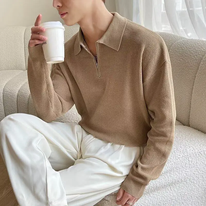 IEFB Men's Half Zip Sweater New Trendy Men's Spring Autumn Korean Style Casual Turn-down Collar Solid Color Sweaters 9W1216