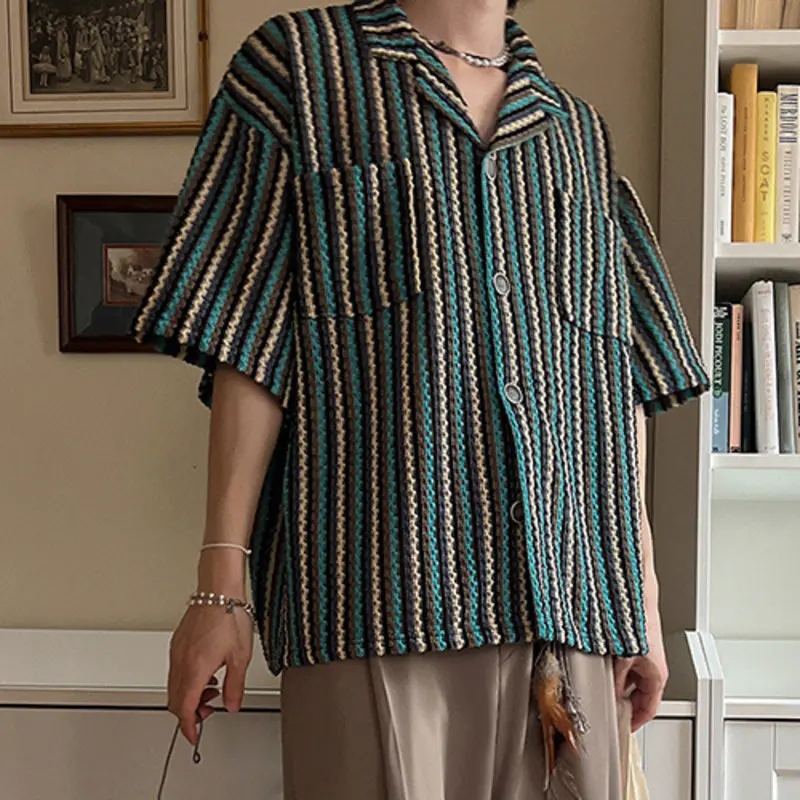 IEFB Niche Design Men's Shirts Lapel Striped Contrast Color Short Sleeve Korean Single Breasted Loose Male Clothing Chic 9W2721