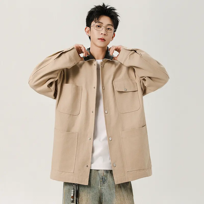 IEFB New Autumn Men's Jackets Turn-down Collar PU Leather Patchwork Pockets Design Top Solid Color Loose Male Short Coats 9W4128