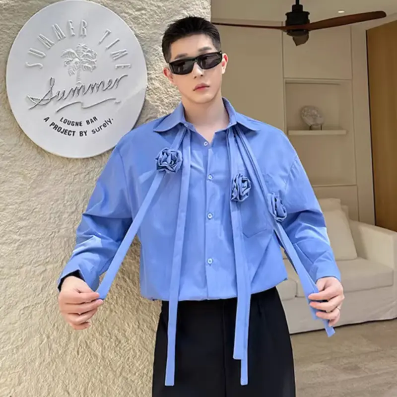 IEFB Men's Shirts Long Sleeve New Korea Fashionable Ribbon Design Sense Threedimensional Flower Decoration Male Clothing 9W2016