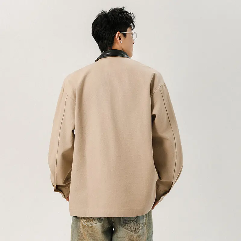 IEFB New Autumn Men's Jackets Turn-down Collar PU Leather Patchwork Pockets Design Top Solid Color Loose Male Short Coats 9W4128