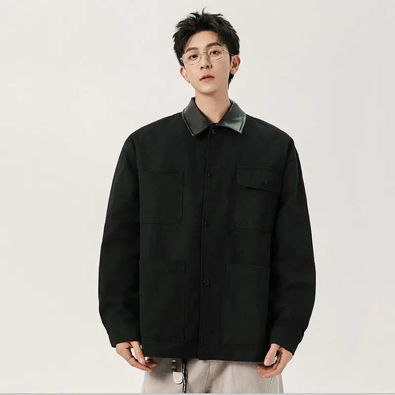 IEFB New Autumn Men's Jackets Turn-down Collar PU Leather Patchwork Pockets Design Top Solid Color Loose Male Short Coats 9W4128