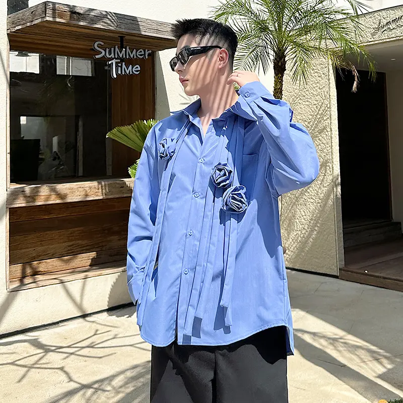 IEFB Men's Shirts Long Sleeve New Korea Fashionable Ribbon Design Sense Threedimensional Flower Decoration Male Clothing 9W2016