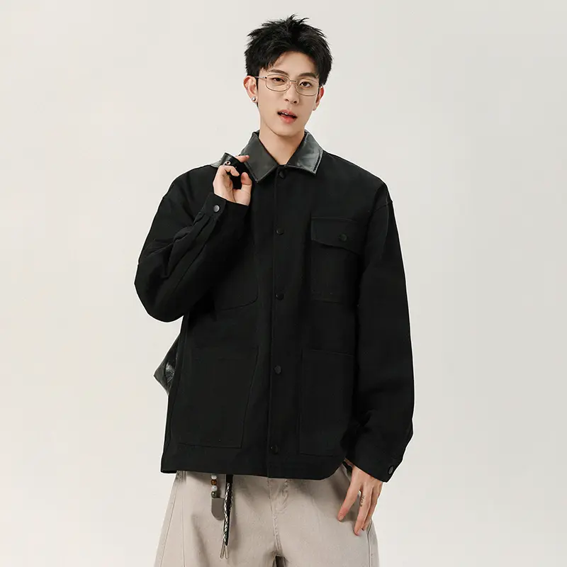 IEFB New Autumn Men's Jackets Turn-down Collar PU Leather Patchwork Pockets Design Top Solid Color Loose Male Short Coats 9W4128