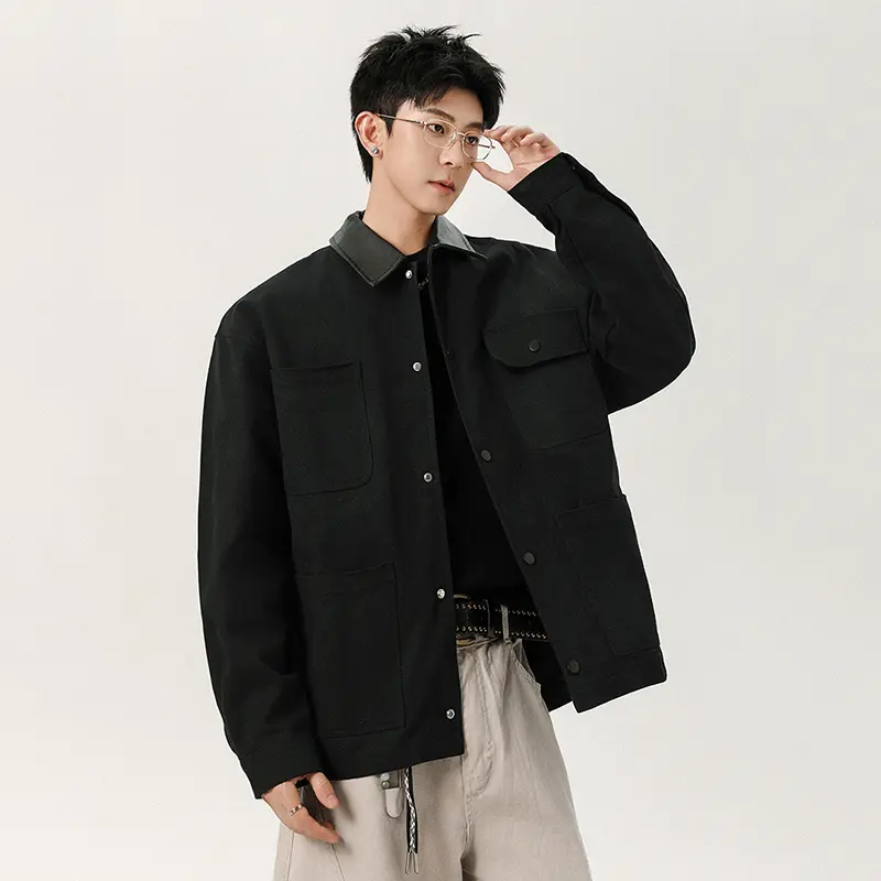 IEFB New Autumn Men's Jackets Turn-down Collar PU Leather Patchwork Pockets Design Top Solid Color Loose Male Short Coats 9W4128