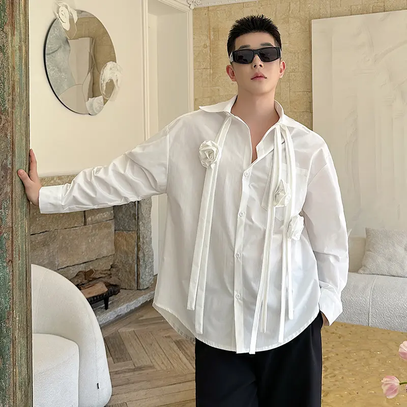 IEFB Men's Shirts Long Sleeve New Korea Fashionable Ribbon Design Sense Threedimensional Flower Decoration Male Clothing 9W2016