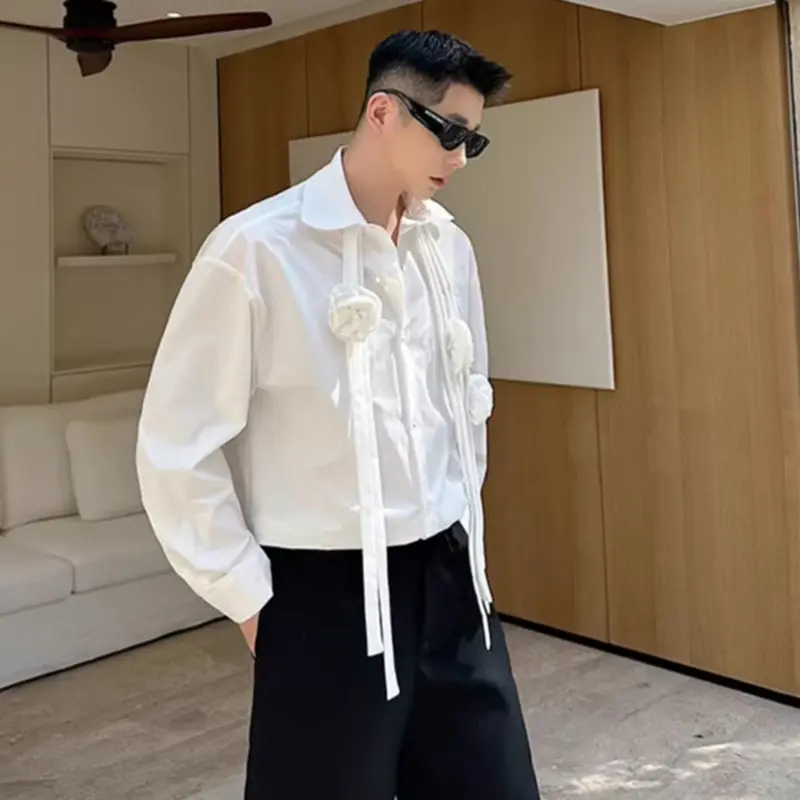 IEFB Men's Shirts Long Sleeve New Korea Fashionable Ribbon Design Sense Threedimensional Flower Decoration Male Clothing 9W2016
