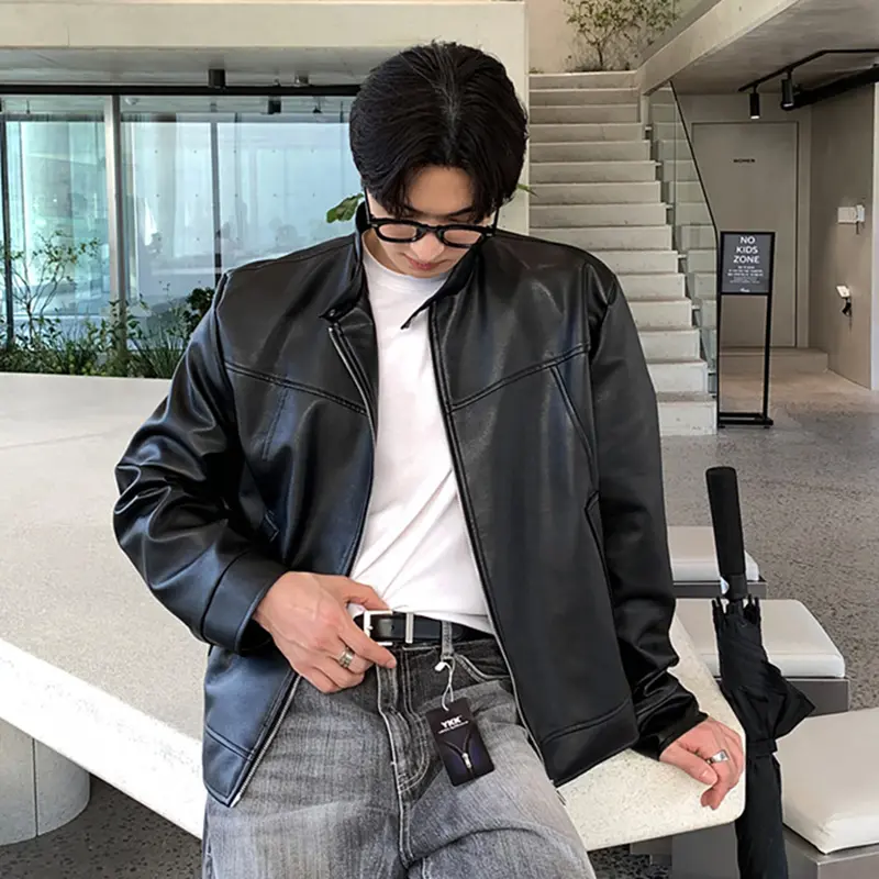 IEFB Men's Jacket New American Style Motorcycle PU Leather Trendy Stand Collar Solid Color Stylish Male Casual Clothing 9W1820