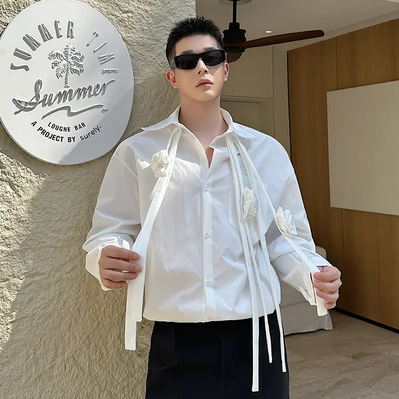 IEFB Men's Shirts Long Sleeve New Korea Fashionable Ribbon Design Sense Threedimensional Flower Decoration Male Clothing 9W2016