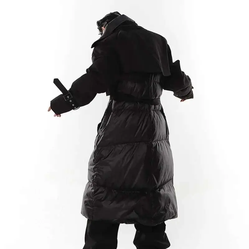 IEFB New Fashion Men Double-layer Collar Down Jacket Fake Two Piece Patchwork Knee Length Thickened Windbreaker Tide 9A6798