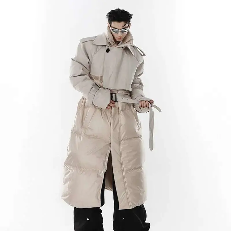 IEFB New Fashion Men Double-layer Collar Down Jacket Fake Two Piece Patchwork Knee Length Thickened Windbreaker Tide 9A6798