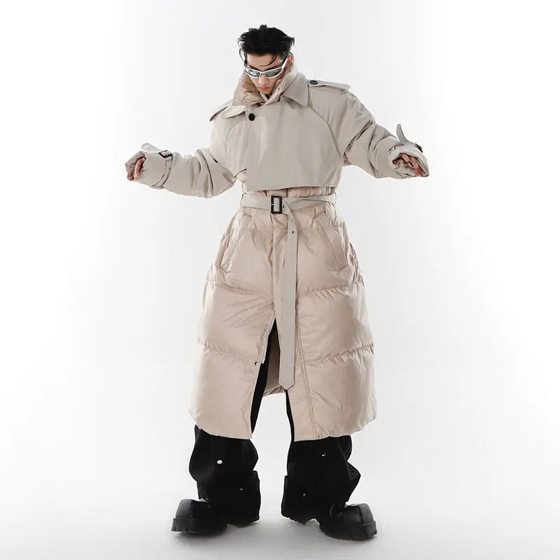 IEFB New Fashion Men Double-layer Collar Down Jacket Fake Two Piece Patchwork Knee Length Thickened Windbreaker Tide 9A6798