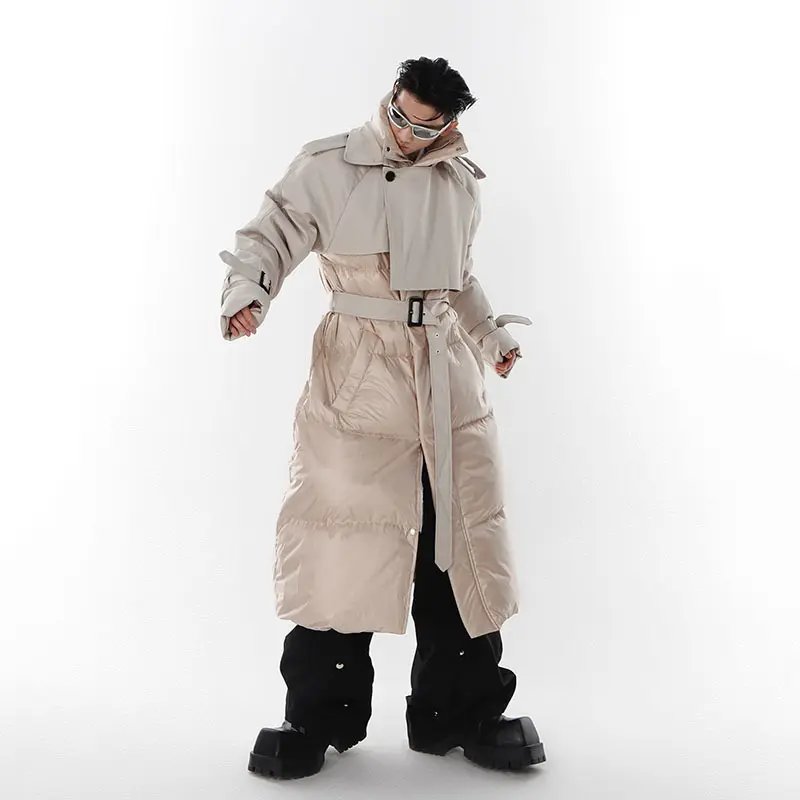 IEFB New Fashion Men Double-layer Collar Down Jacket Fake Two Piece Patchwork Knee Length Thickened Windbreaker Tide 9A6798