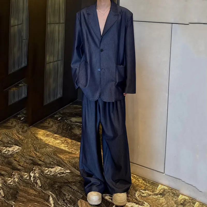 IEFB Niche Design Men Suit Sets Lapel Lager Pockets Single Breasted Blazers Solid Color Pleated Wide Leg Loose Male Pants 9W4197