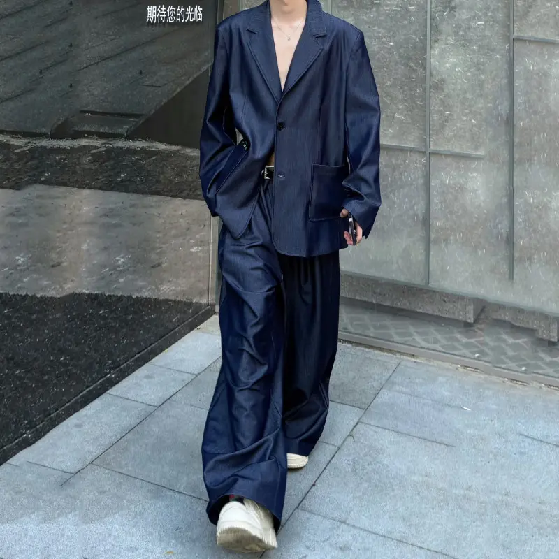 IEFB Niche Design Men Suit Sets Lapel Lager Pockets Single Breasted Blazers Solid Color Pleated Wide Leg Loose Male Pants 9W4197