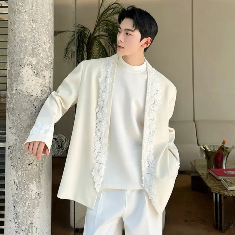 IEFB New Chic Lace Decorative Suit Jacket Men's Trend Buttonless Blazer Korean Style Male Clothing Spring Autumn 2025 9W2689