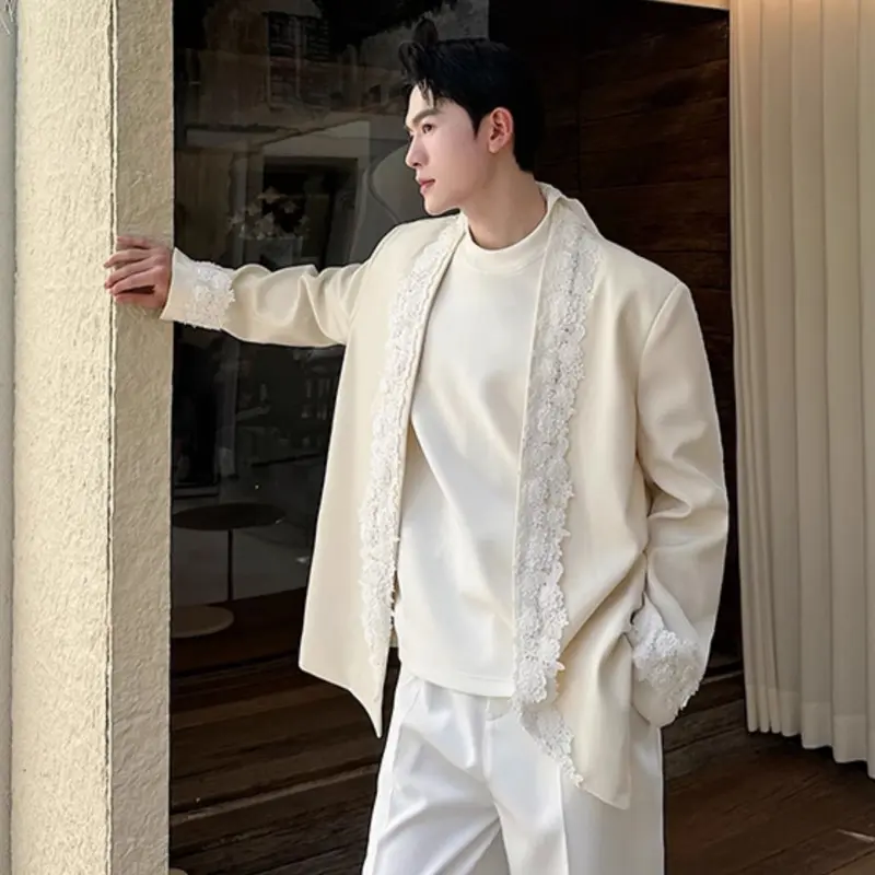IEFB New Chic Lace Decorative Suit Jacket Men's Trend Buttonless Blazer Korean Style Male Clothing Spring Autumn 2025 9W2689