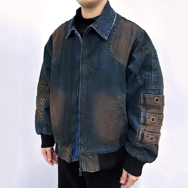 IEFB High Street Men Denim Padded Jackets Washing Trendy Worn-out Jacket Turn-down Collar Zipper Contrast Color Male Tops 9W1828