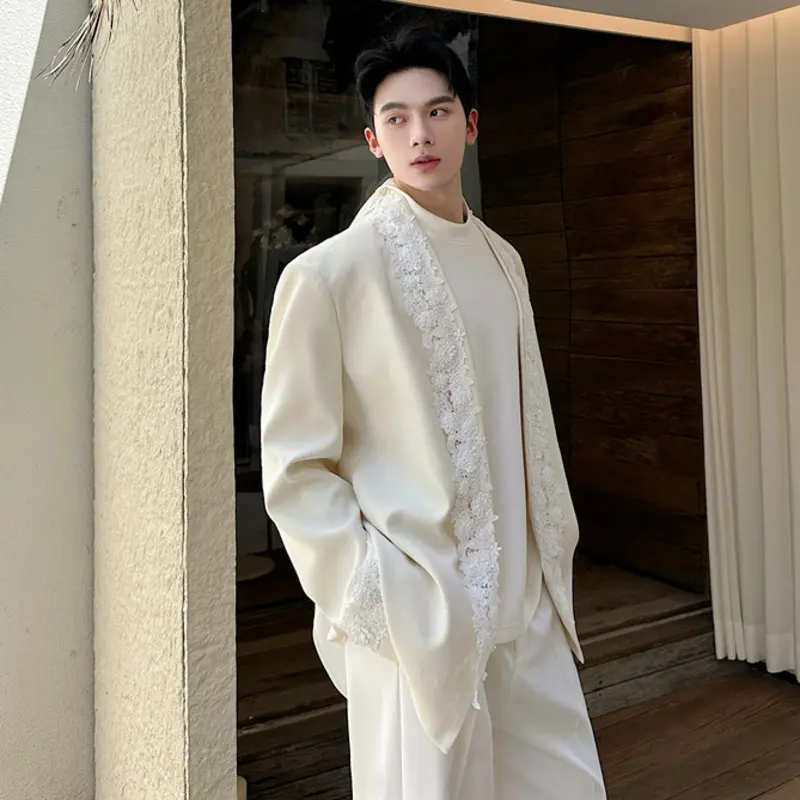 IEFB New Chic Lace Decorative Suit Jacket Men's Trend Buttonless Blazer Korean Style Male Clothing Spring Autumn 2025 9W2689