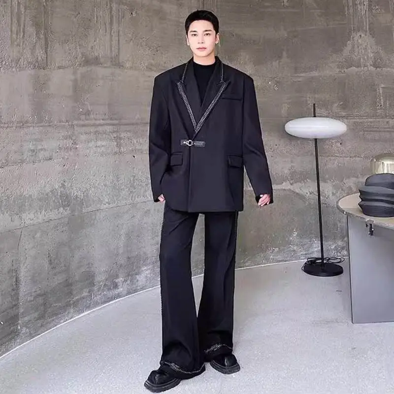IEFB Autumn Trendy Male Set Metal Chain Design Lapel Wide Suit Jacket Personalized Wide Leg Flared Pants Men Two-piece 9W3612