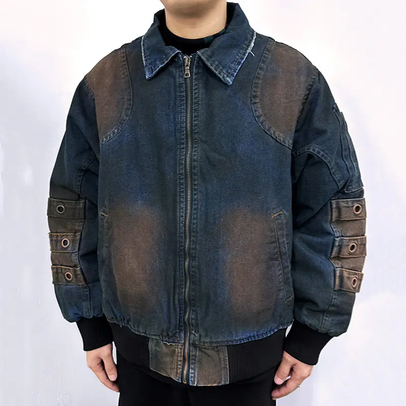IEFB High Street Men Denim Padded Jackets Washing Trendy Worn-out Jacket Turn-down Collar Zipper Contrast Color Male Tops 9W1828
