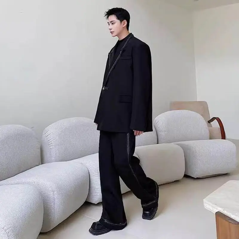 IEFB Autumn Trendy Male Set Metal Chain Design Lapel Wide Suit Jacket Personalized Wide Leg Flared Pants Men Two-piece 9W3612