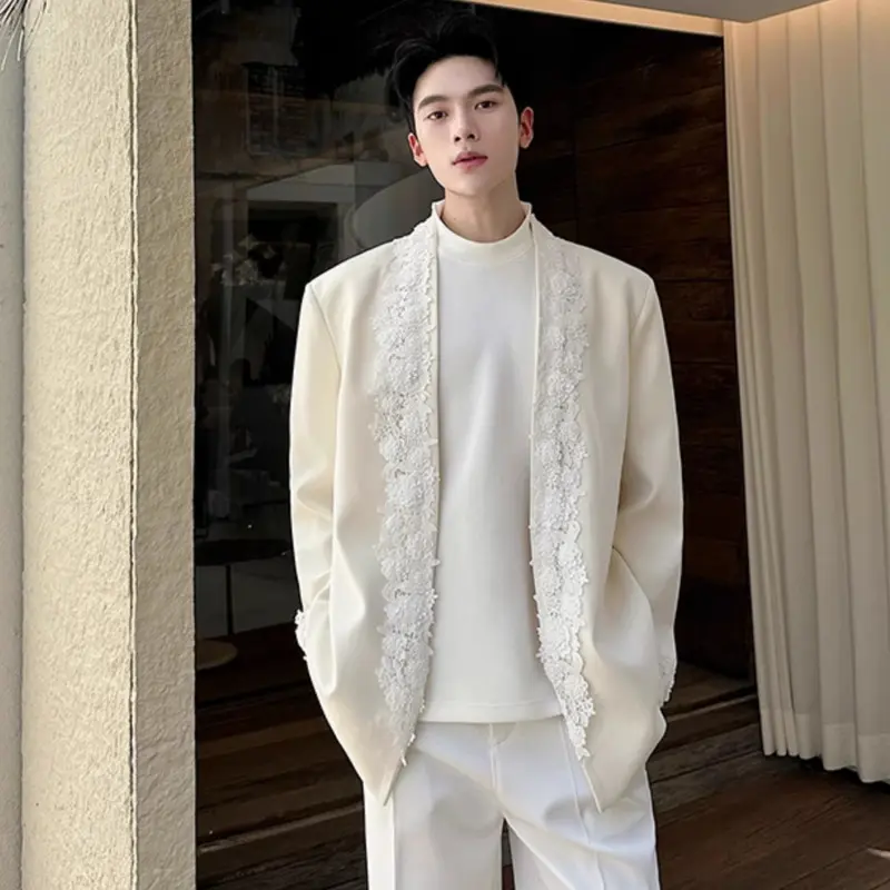 IEFB New Chic Lace Decorative Suit Jacket Men's Trend Buttonless Blazer Korean Style Male Clothing Spring Autumn 2025 9W2689