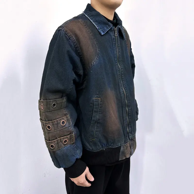 IEFB High Street Men Denim Padded Jackets Washing Trendy Worn-out Jacket Turn-down Collar Zipper Contrast Color Male Tops 9W1828