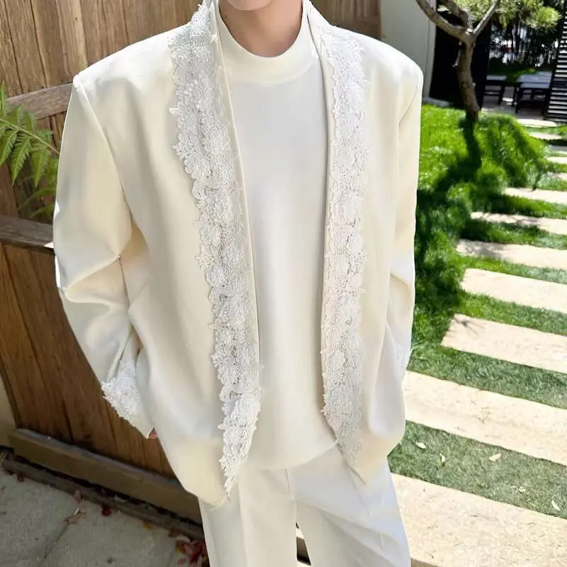 IEFB New Chic Lace Decorative Suit Jacket Men's Trend Buttonless Blazer Korean Style Male Clothing Spring Autumn 2025 9W2689