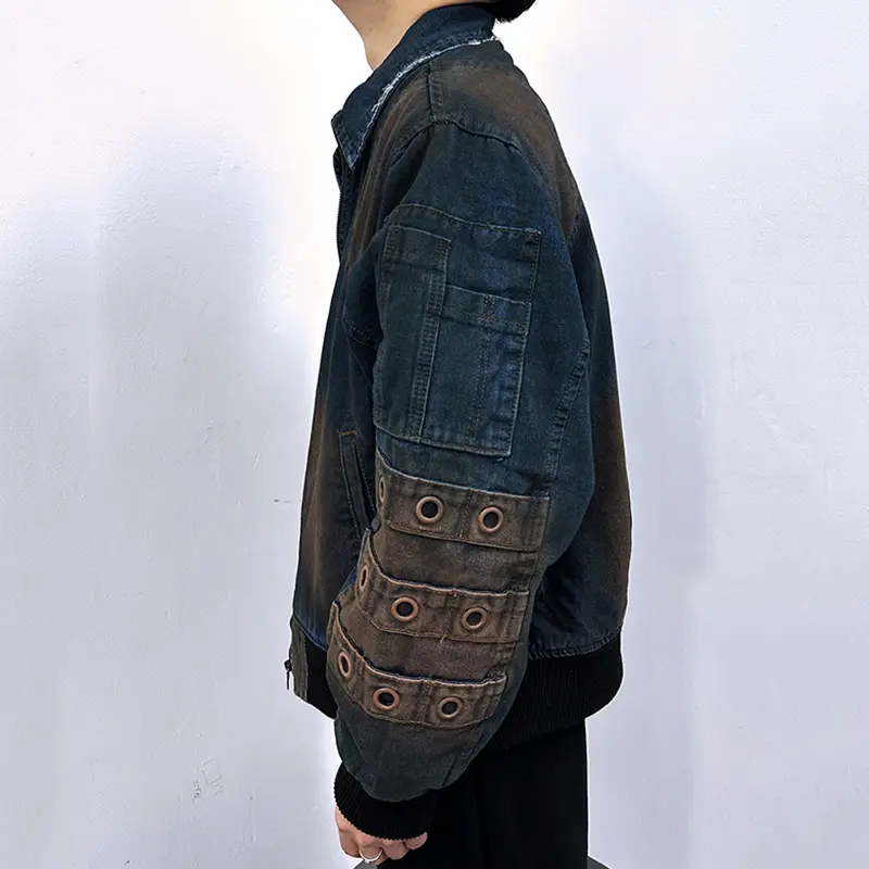 IEFB High Street Men Denim Padded Jackets Washing Trendy Worn-out Jacket Turn-down Collar Zipper Contrast Color Male Tops 9W1828