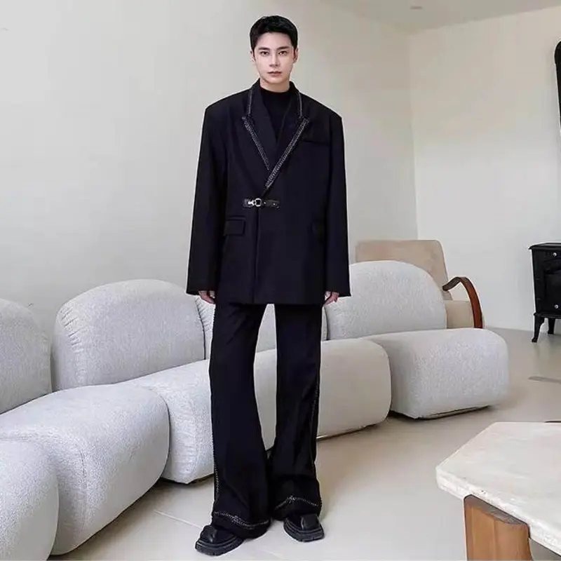 IEFB Autumn Trendy Male Set Metal Chain Design Lapel Wide Suit Jacket Personalized Wide Leg Flared Pants Men Two-piece 9W3612
