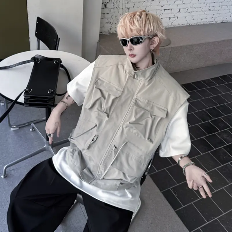 IEFB Men's Vest New Summer Solid Color Stand Collar Trendy Drawstring Multi Pockets Decoration Male Loose Clothing 2025 9W2109