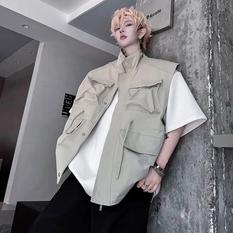 IEFB Men's Vest New Summer Solid Color Stand Collar Trendy Drawstring Multi Pockets Decoration Male Loose Clothing 2025 9W2109